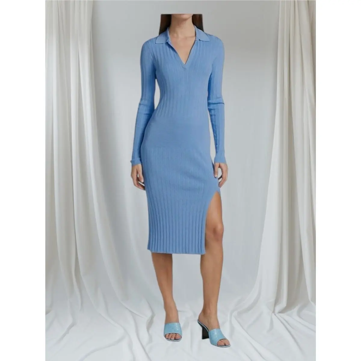 Rag Bone Blue Dawson Blue Long Sleeve Knit Midi Dress Size Medium by Rag & Bone