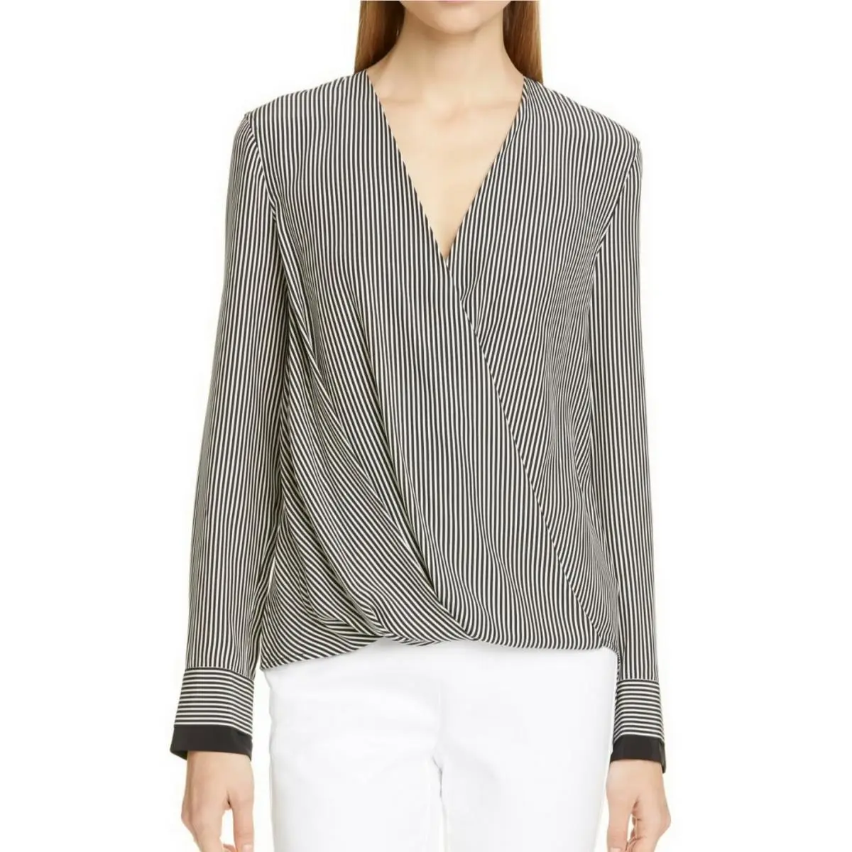 Rag Bone Victor Stripe V-neck Silk Blouse Black White Medium