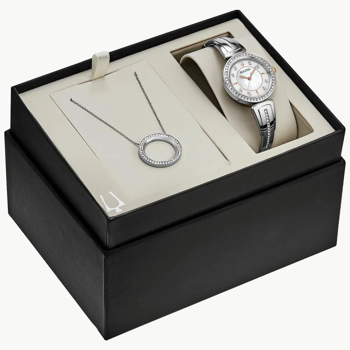 Bulova 98X121 Women`s Crystal Bangle Watch Pendant Necklace Set