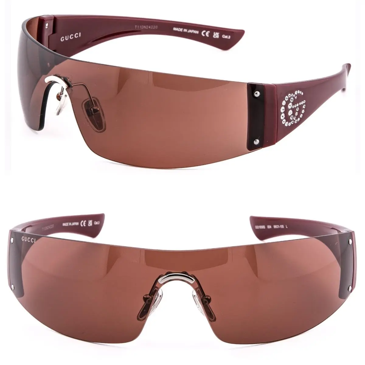 GG1958S Burgundy Brown Narrow Wrap 1958 Crystal Logo Unisex Sunglass 004 by Gucci