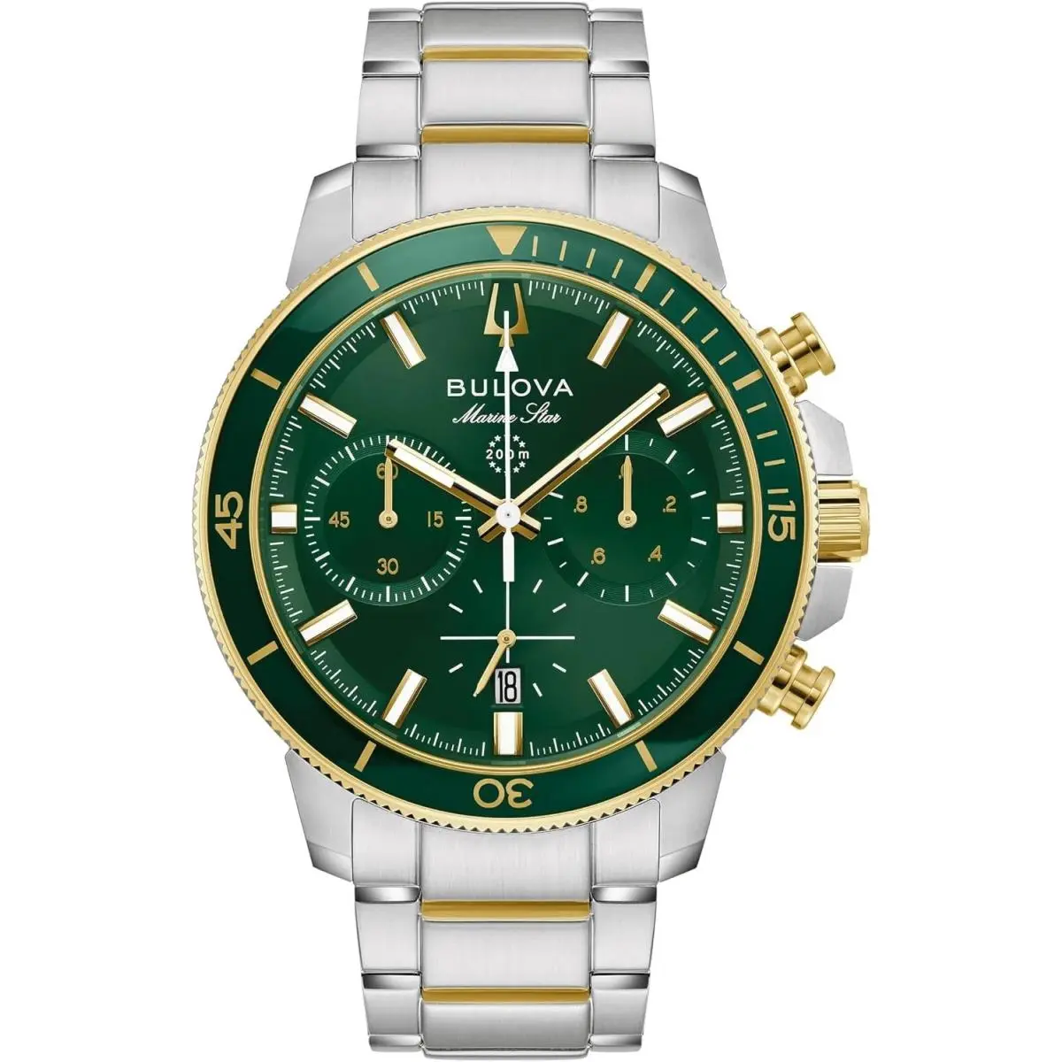 Bulova Men`s Marine Star Series C Chronograph Watch - 98B469 - Dial: Green, Band: Gold, Silver, Two-tone, Bezel: Green