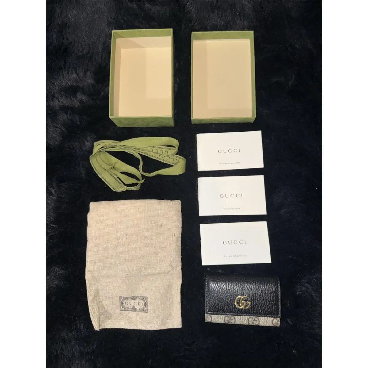 Gucci GG Marmont Key Holder Wallet Black Leather Canvas Gold HW Box