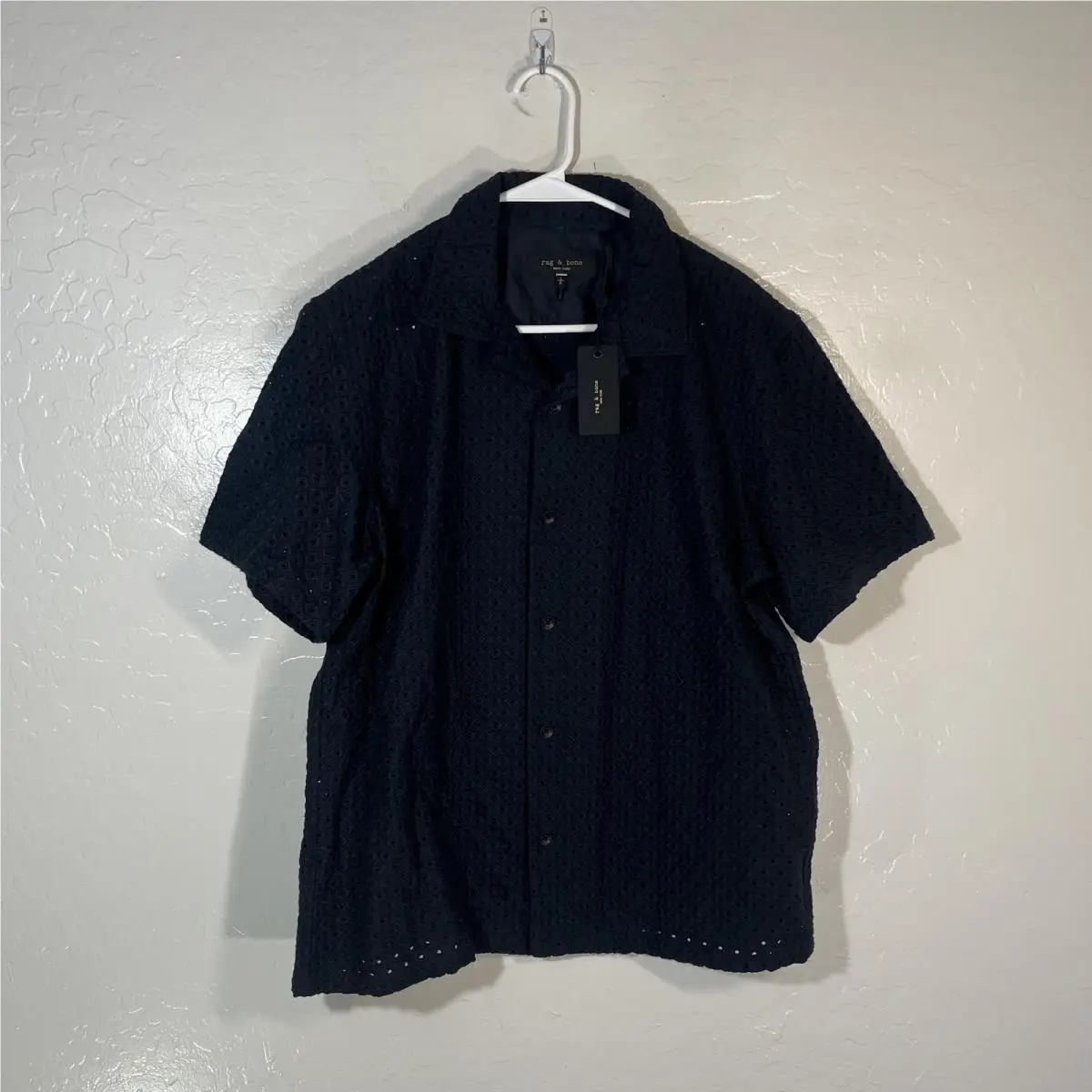 Rag Bone Shirt Mens Large Blue Lace Short Sleeve Button Up Eyelet Geometric