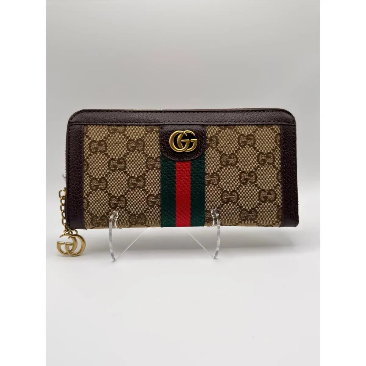 Gucci GG Monogram Canvas Zip Wallet with Web Stripe