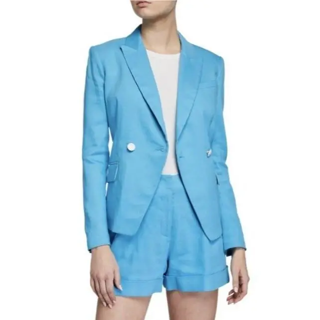 Rag Bone Women`s Fletcher Linen Blend Double Breasted Blazer Blue 8 Preppy by Rag & Bone