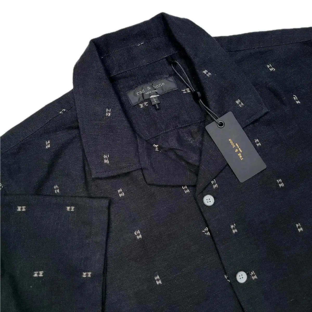 Rag Bone Mens Large Avery Embroidered Camp Linen Shirt Black Remi Stripe