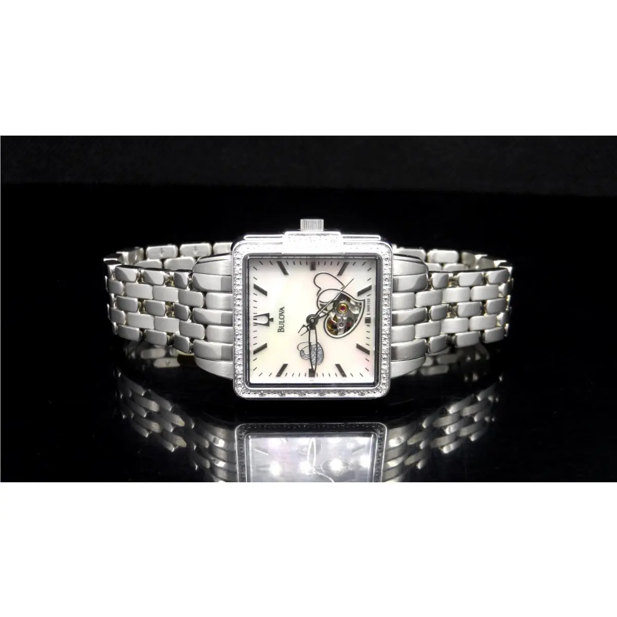 Bulova 96R155 Skeleton Automatic Mother of Pearl Heart Dial Diamond Ladies Watch