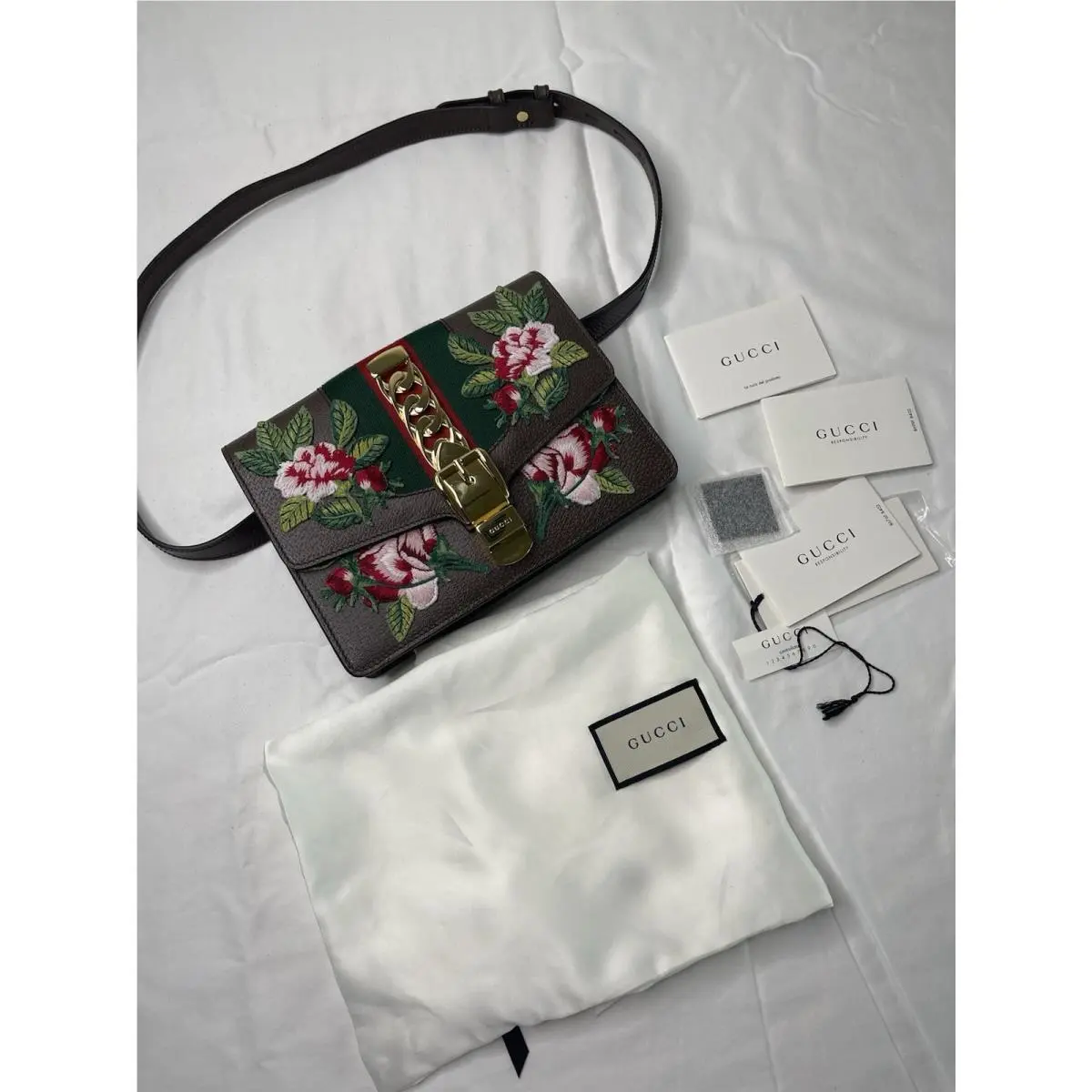 Gucci Sylvie Floral Embroider Leather Belt Bag 476811 Belt Size 95 cm-37”