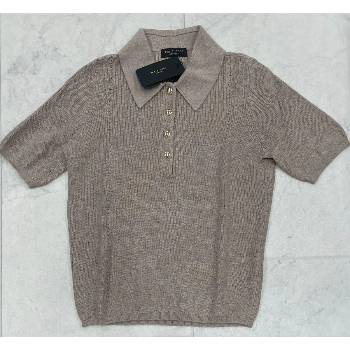 Rag Bone Darcey Cotton Cash SS Polo In Dark Taupe Size: Small by Rag & Bone