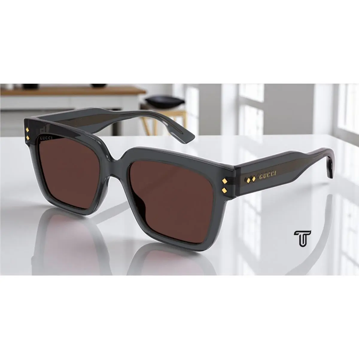 GG1084S 004 Rectangular Squared Grey Dark Brown 54 mm Men`s Sunglasses by Gucci