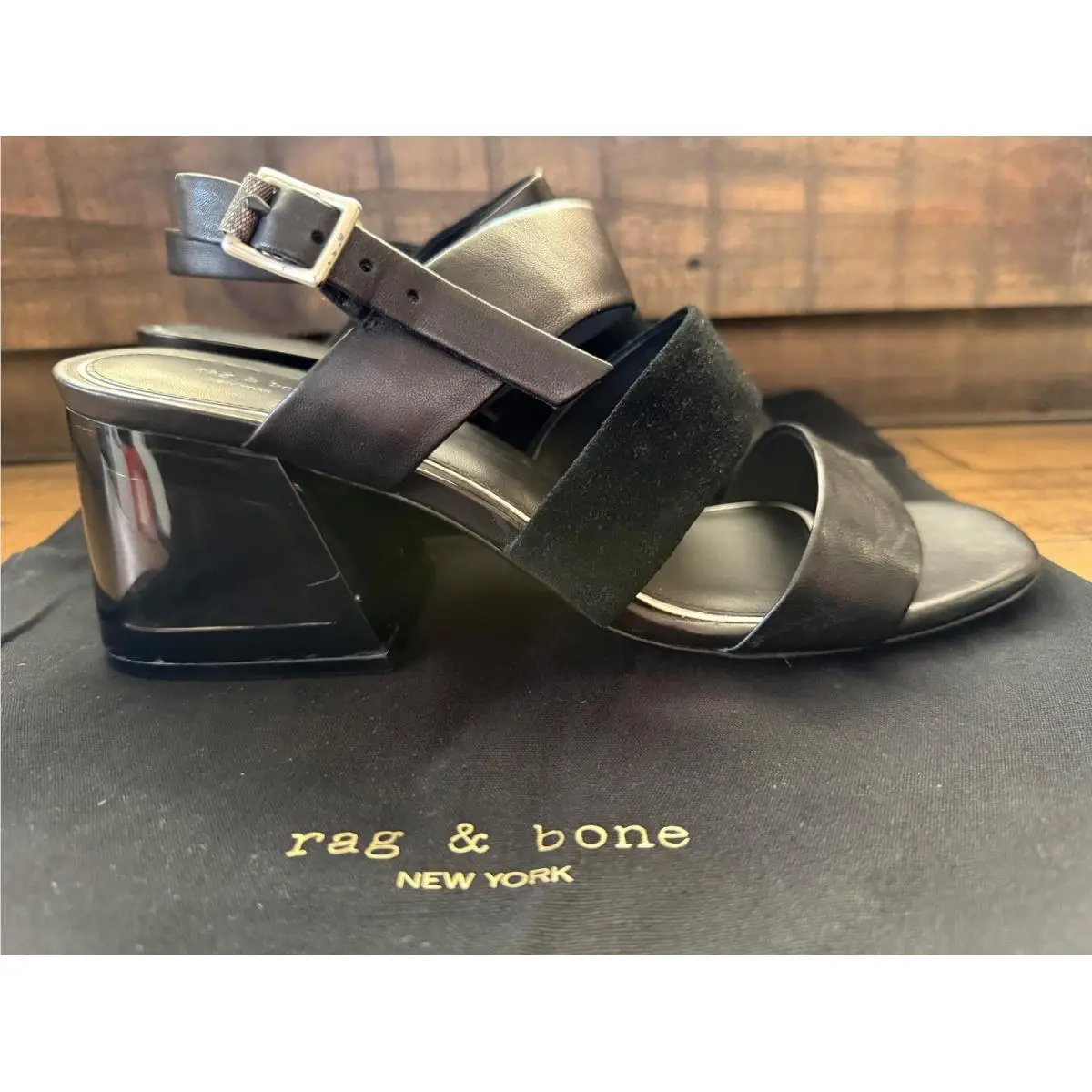 Rag Bone Shoes Women`s Size 40 Black Leather Block Heel Slingback Sandals