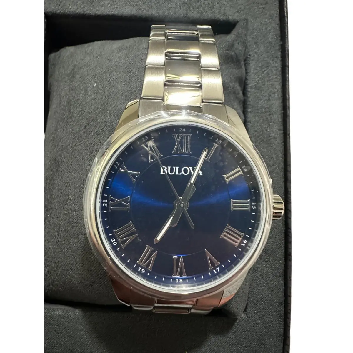 Bulova 96A228 Mens Silver Stainless Steel Blue Analog Dial Quartz Watch 45mm
