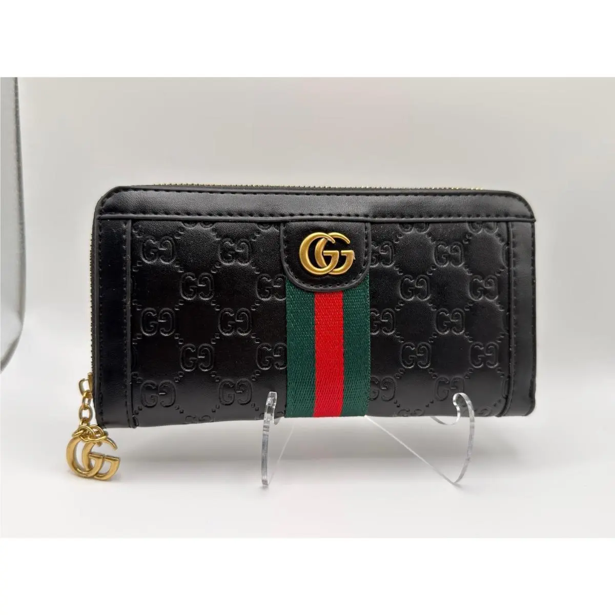 Gucci Black GG Monogram Leather Zip Wallet with Web Stripe