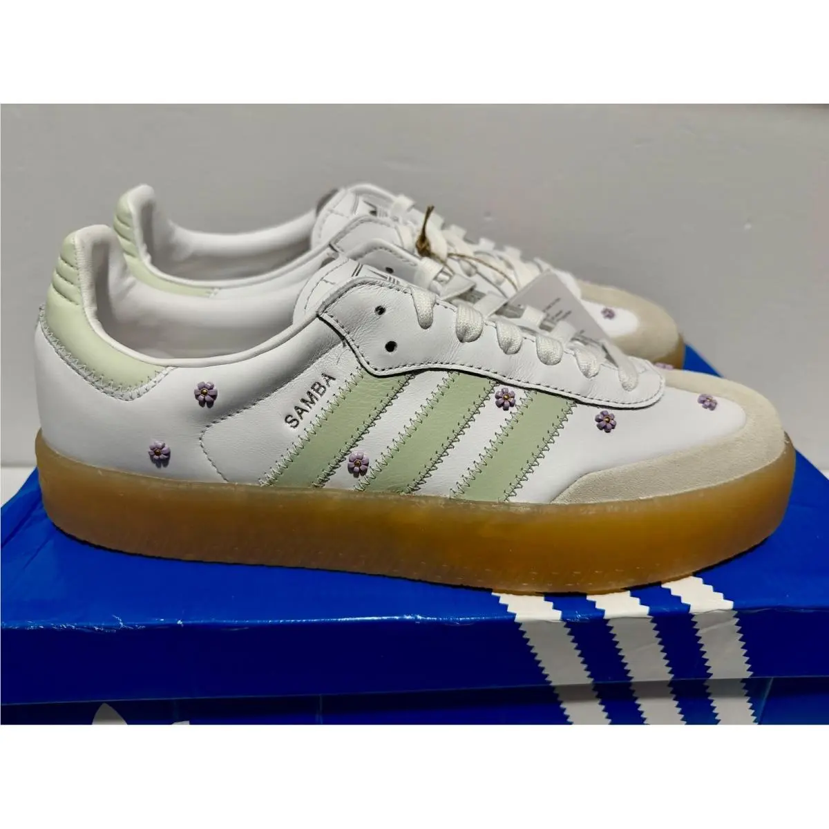 Adidas Sambae W White Linen Green Purple Floral Platform Sneakers JS3954 Size 10