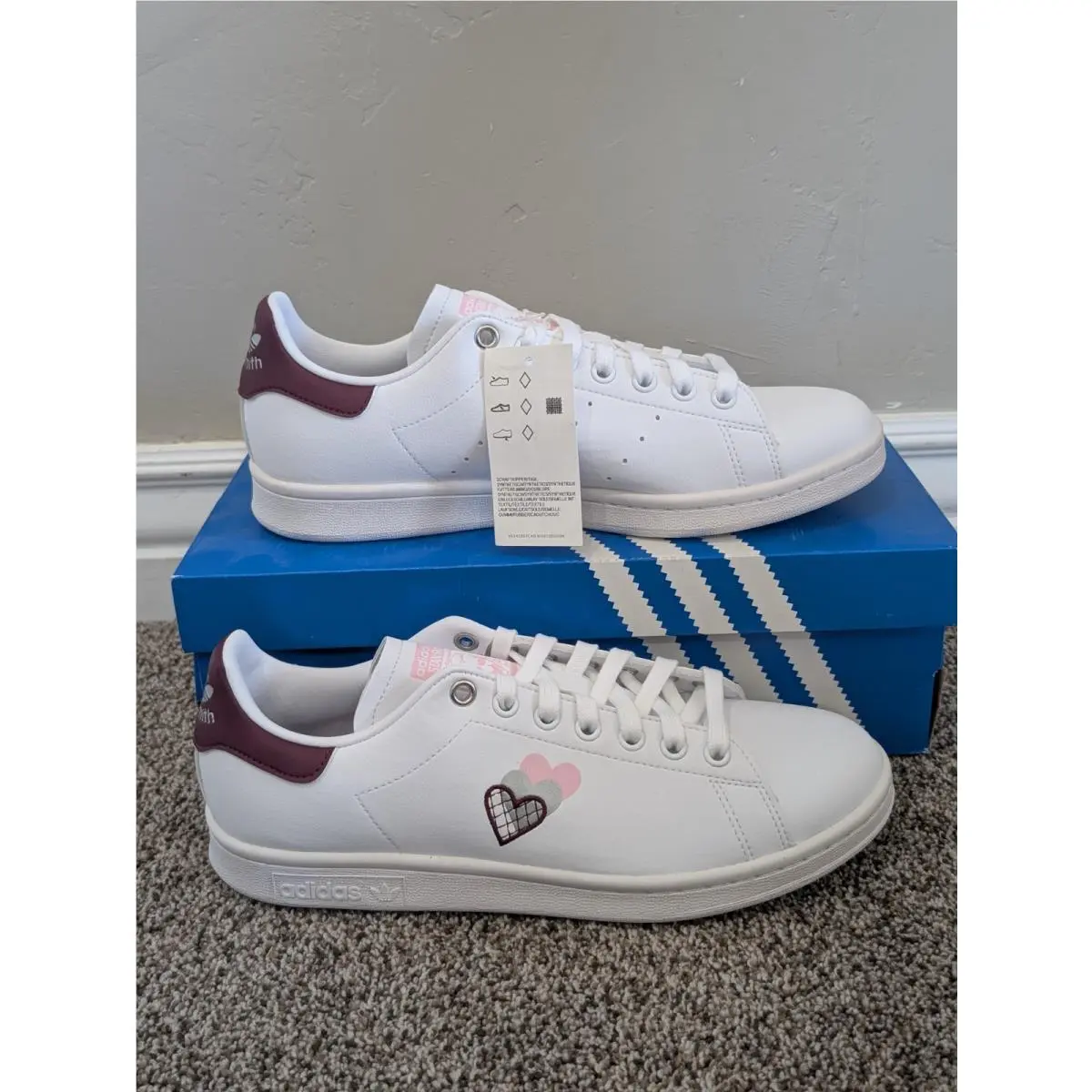 Size 9 Women`s Adidas Stan Smith H03936 White/dark Red Lace Up Casual Shoes
