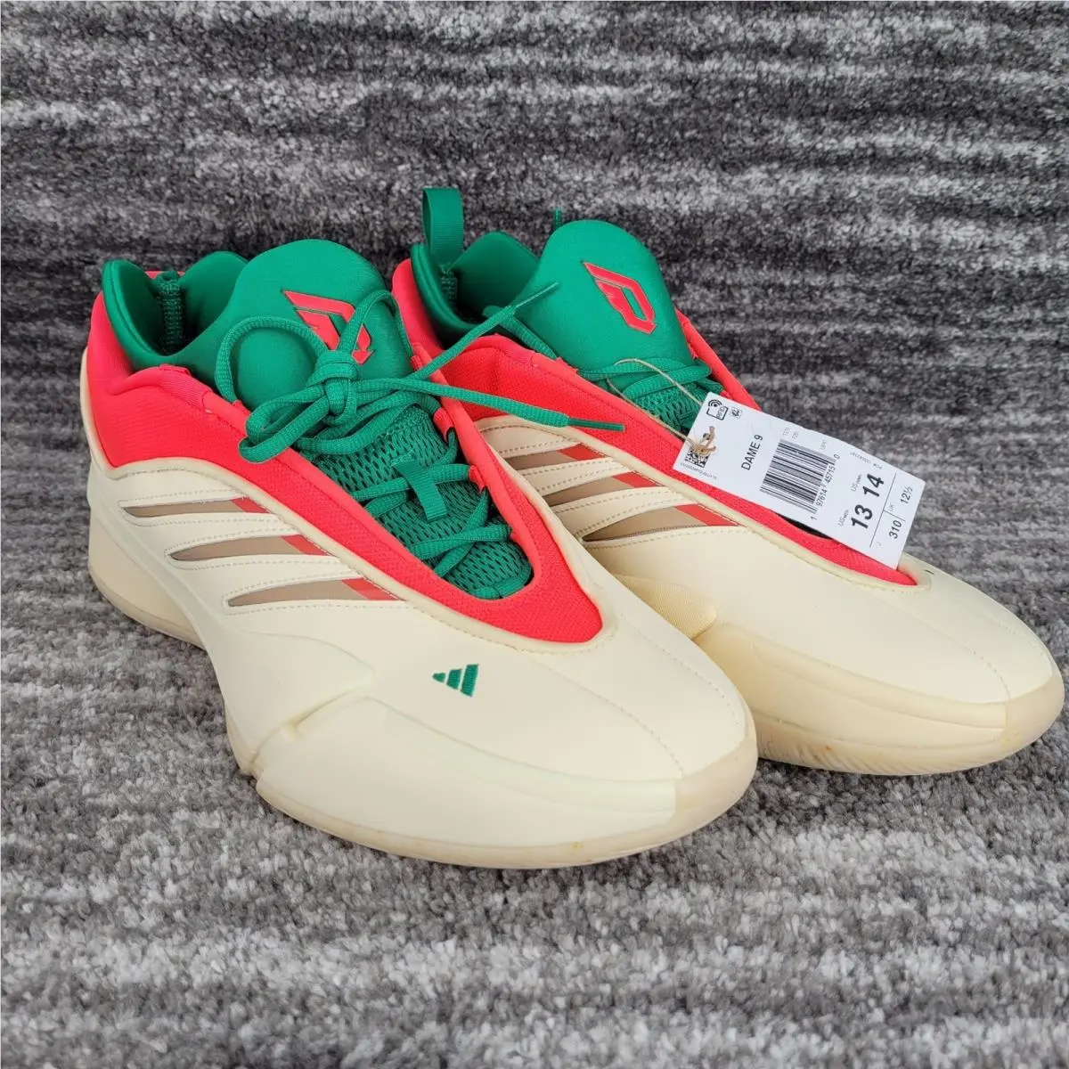 Adidas Dame 9 Basketball Shoes Cream Lucid Red Green JH6627 Mens Size 13