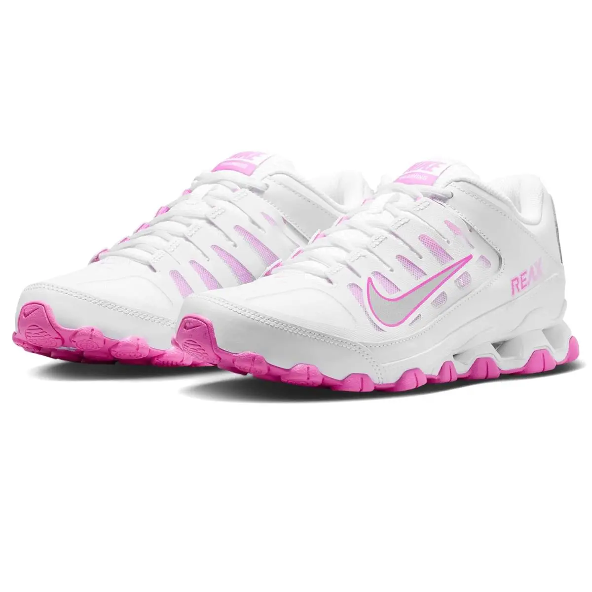 Woman`s Sneakers Athletic Shoes  Reax 8 Trainer Mesh White/Metallic Silver/Playful Pink by Nike