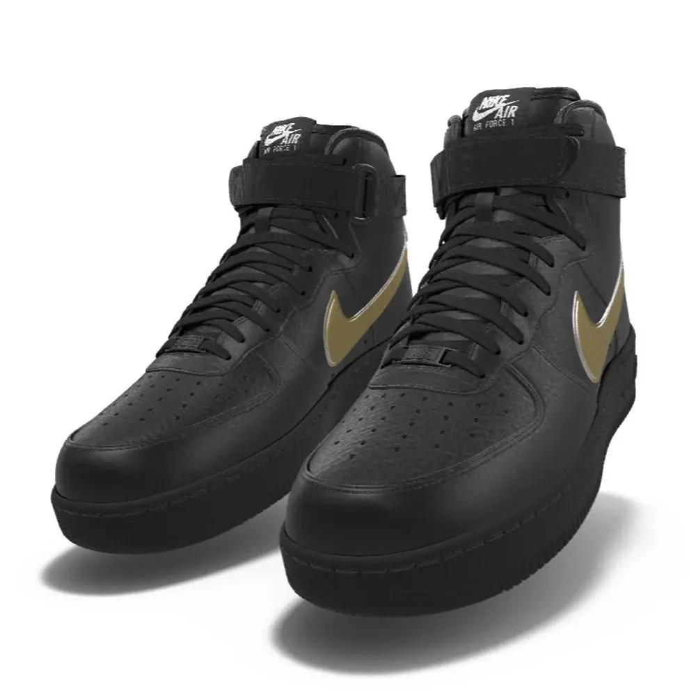 250 Mens Nike Air Force 1 High Top Black Gold Custom Leather Shoes