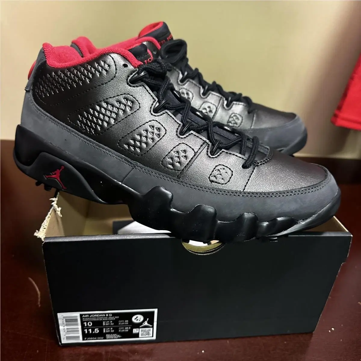 Nike Air Jordan 9 Retro Low Golf Men`s Size 10 Charcoal Black Red FJ5934-002