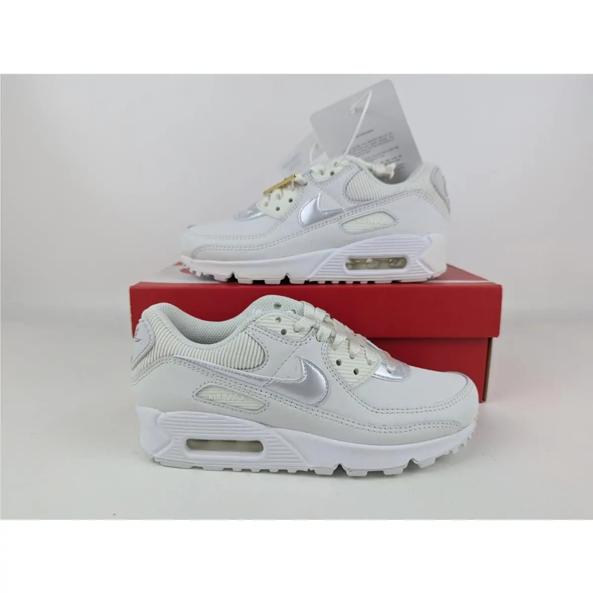 Nike Air Max 90 Swoosh Chain Running Shoes Summit White Gold Women`s Size 5