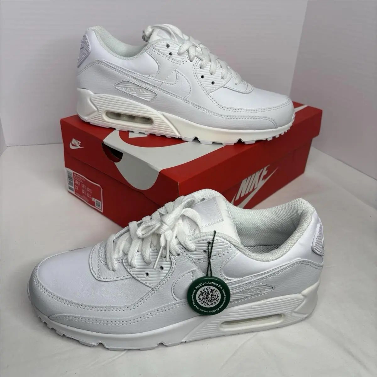 Nike Air Max 90 Triple White Leather Ltr CZ5594-100 Mens US 10.5