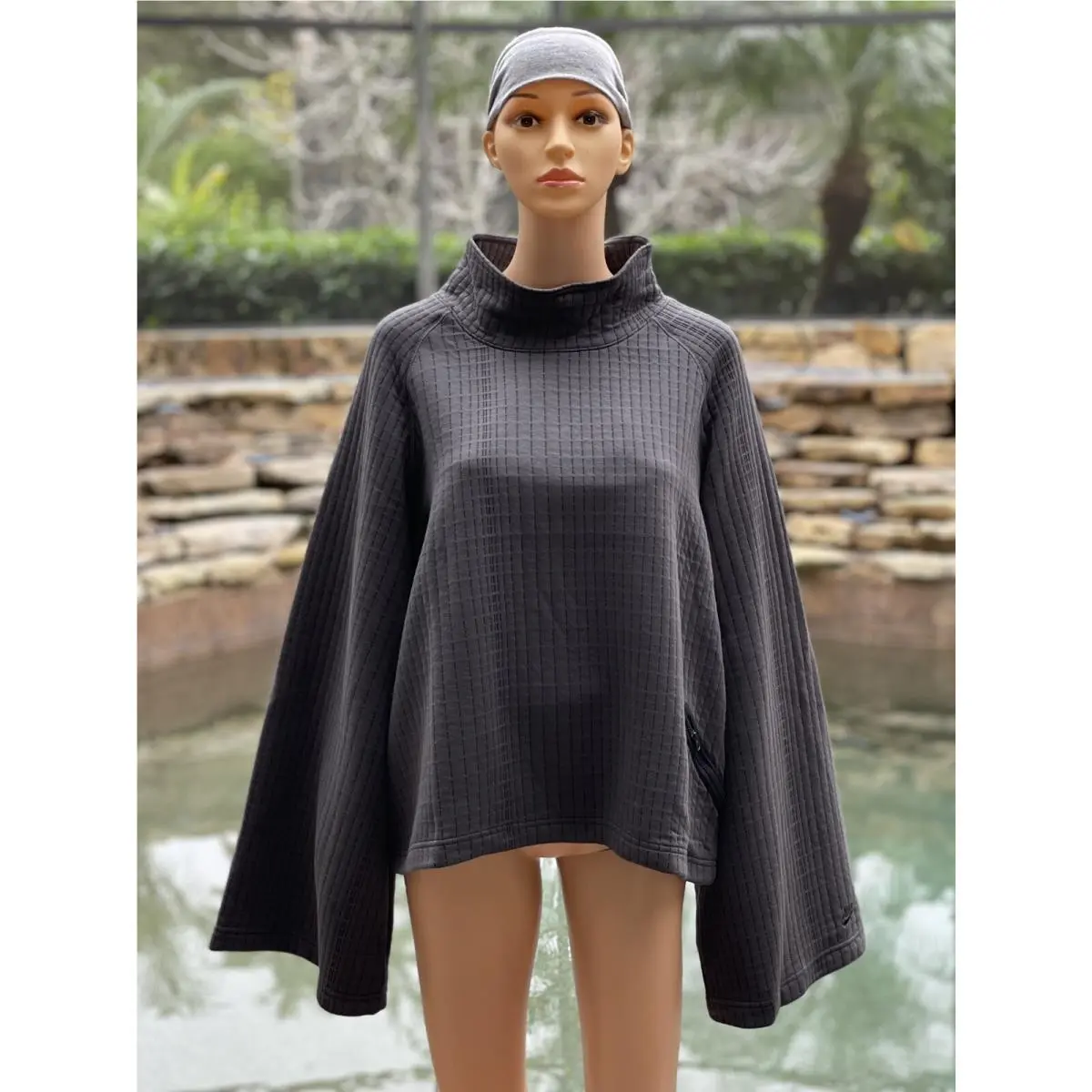 Nike Women`s Tech Pack Knit Bell Sleeve Pullover Sweatshirt Dark Gray L