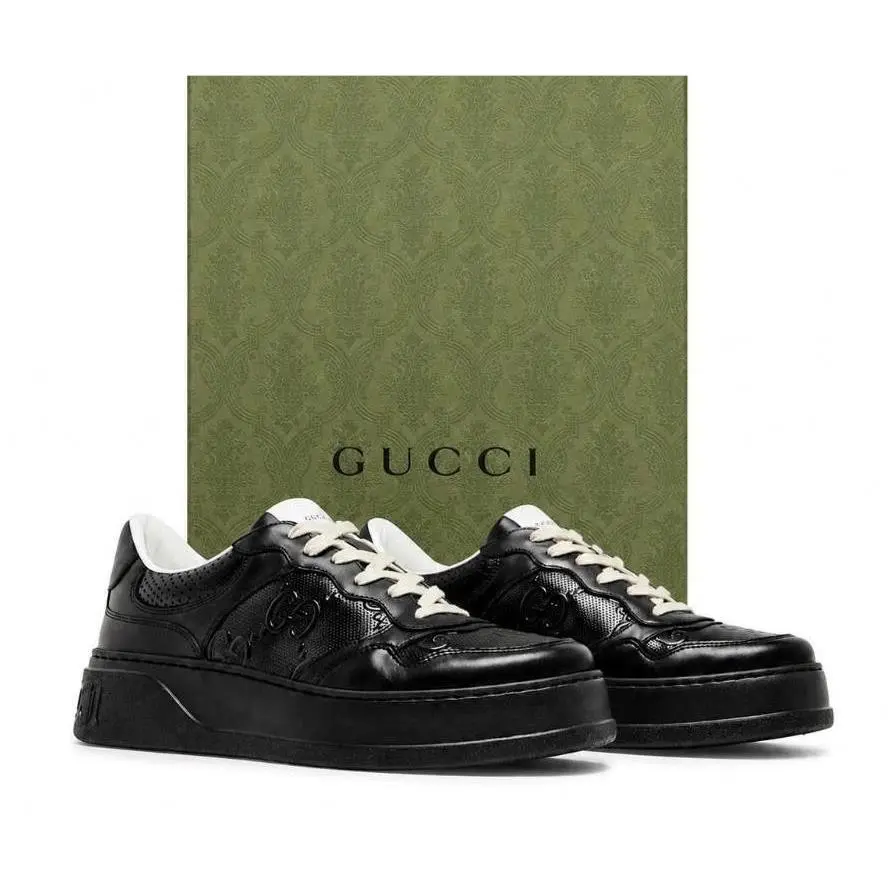 Gucci Men`s Luxury Black Perforated Leather Double G Logo Sneakers Shoes