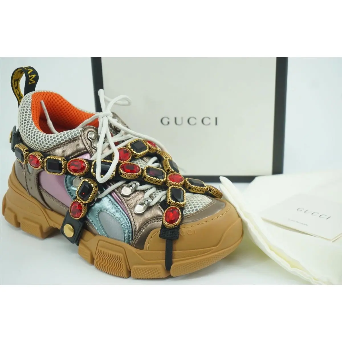 Flashtrek Jewel Sega Sneakers Size 35 Jem Metallic Leather Mesh by Gucci