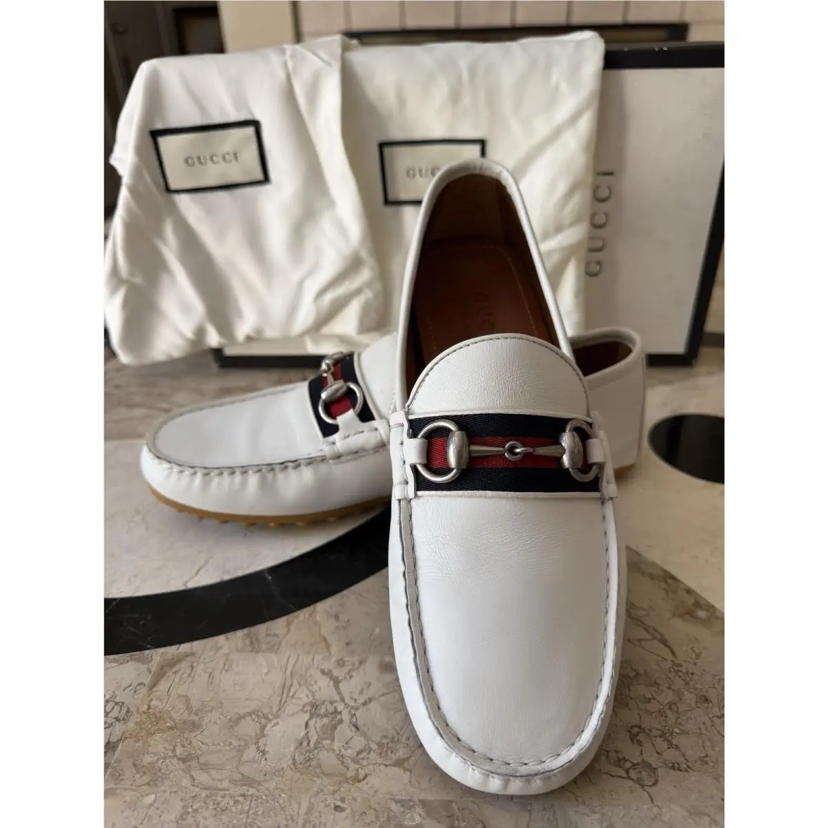 Gucci White Italy Leather GG Buckle Comfort Loafers Shoes Men`s UK 7 US 7.5