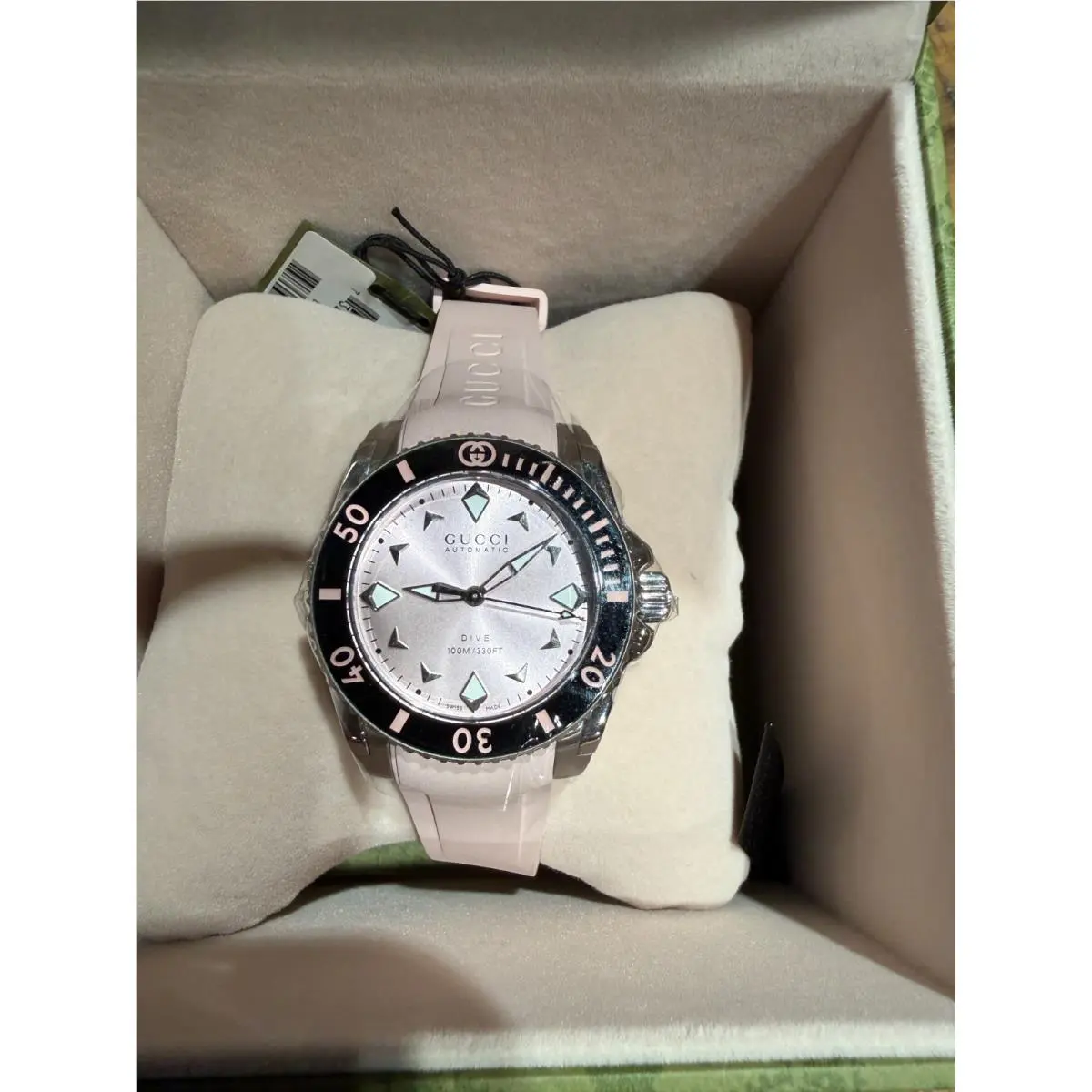 Gucci Dive Automatic 36 MM Pink Dial Rubber Strap Ladies Watch YA136408