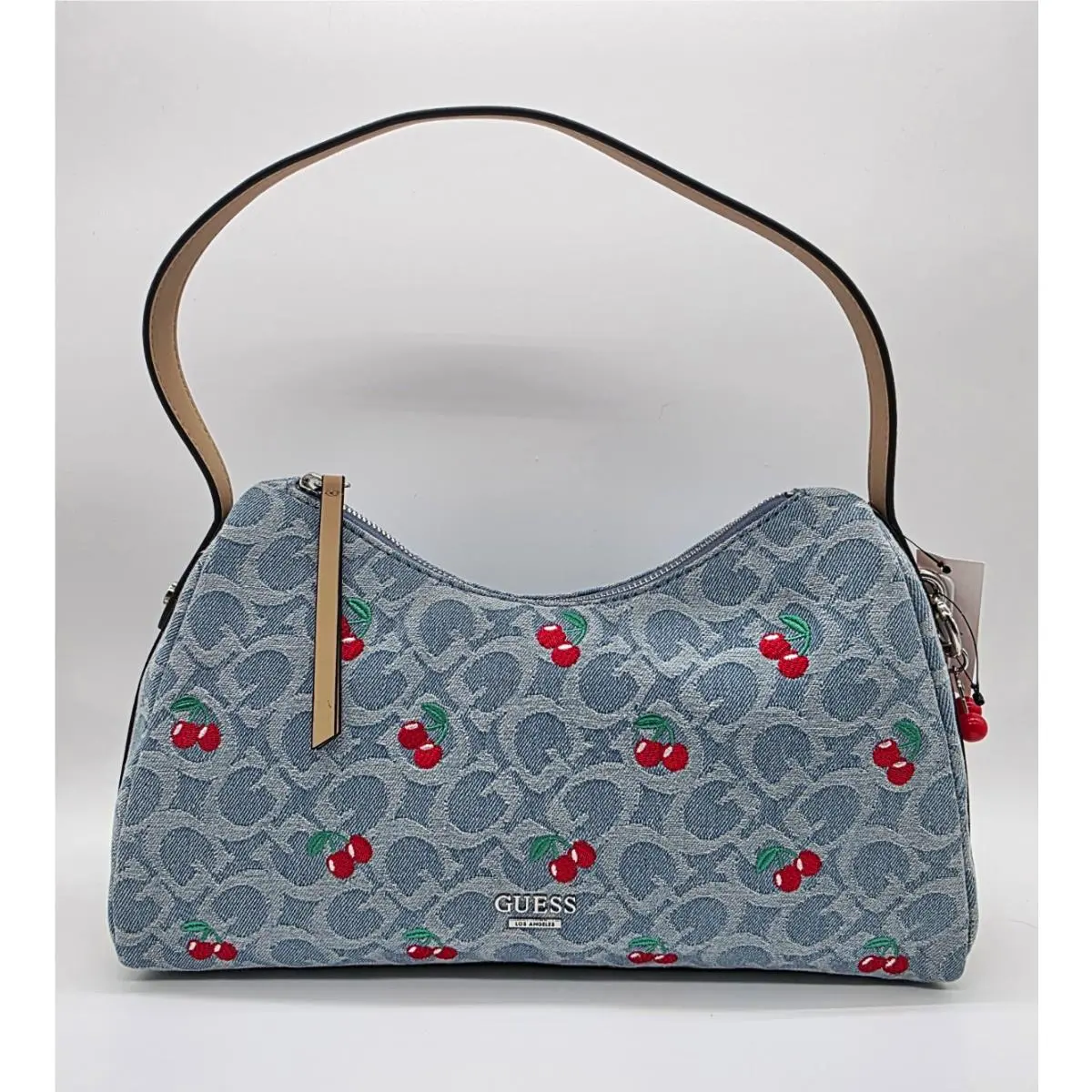 Guess Blue Logo Cherry Embroidered Zip Top Shoulder Bag Medium Denim