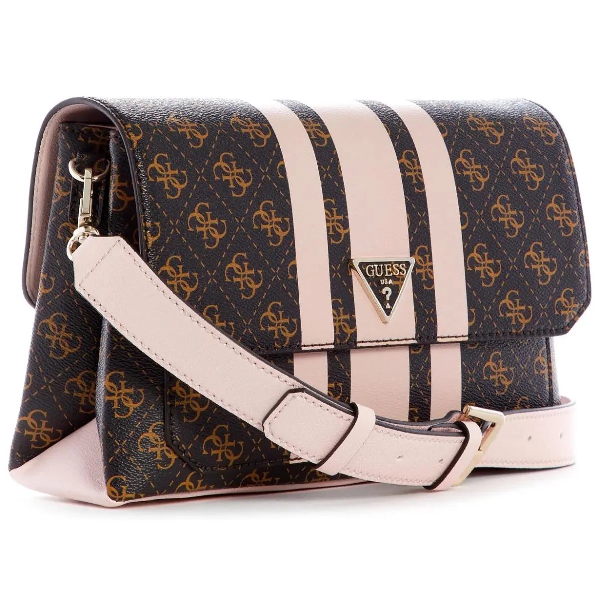 Guess Women`s Ambrose Logo Print Crossbody Shouder Bag Handbag Brown Blush