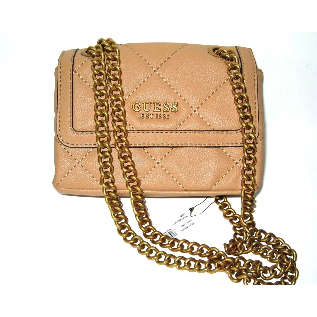 Guess Designer Abey Handbag Shoulder Flap Chain Purse Beige