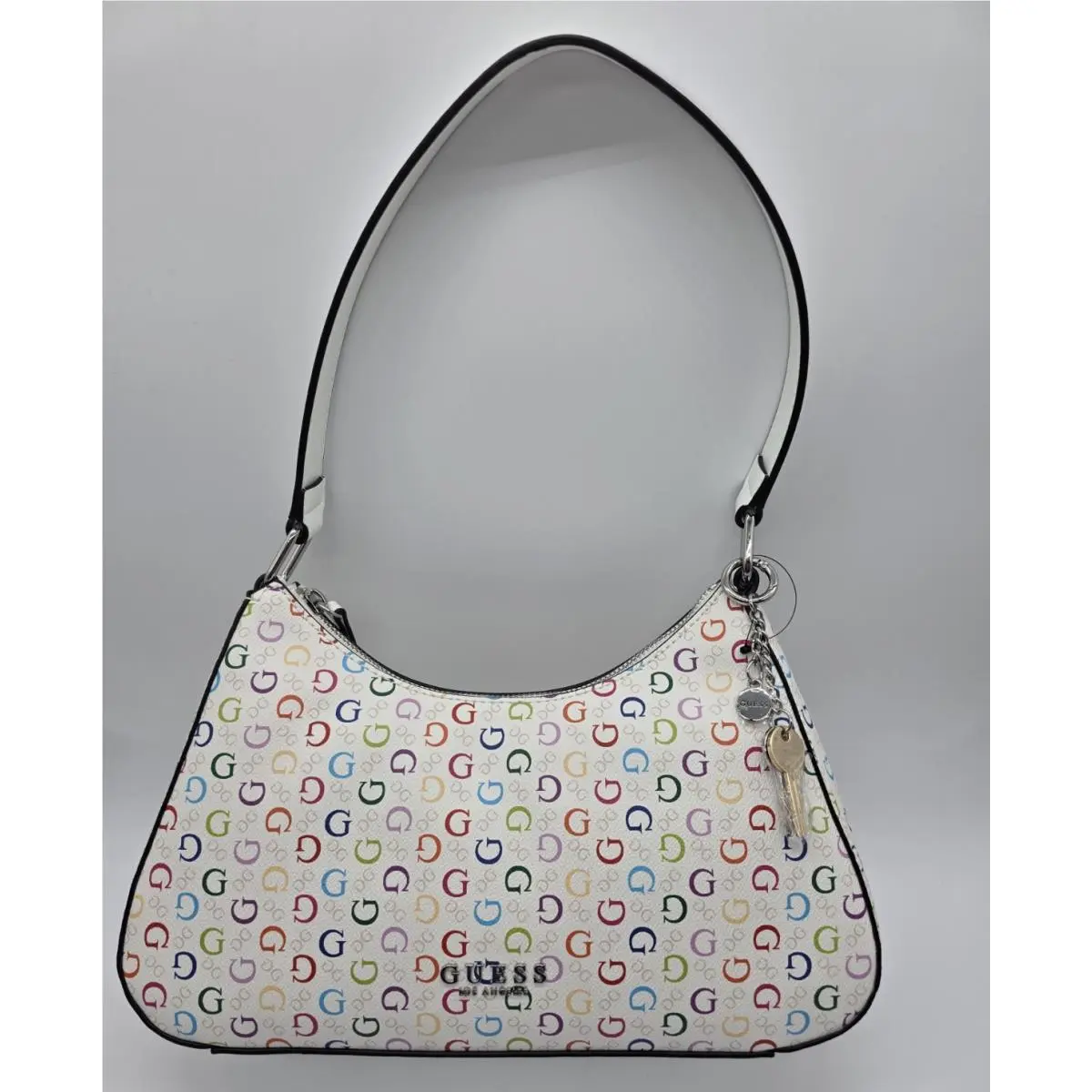 Guess White/multicolor Logo Crescent Shoulder Bag