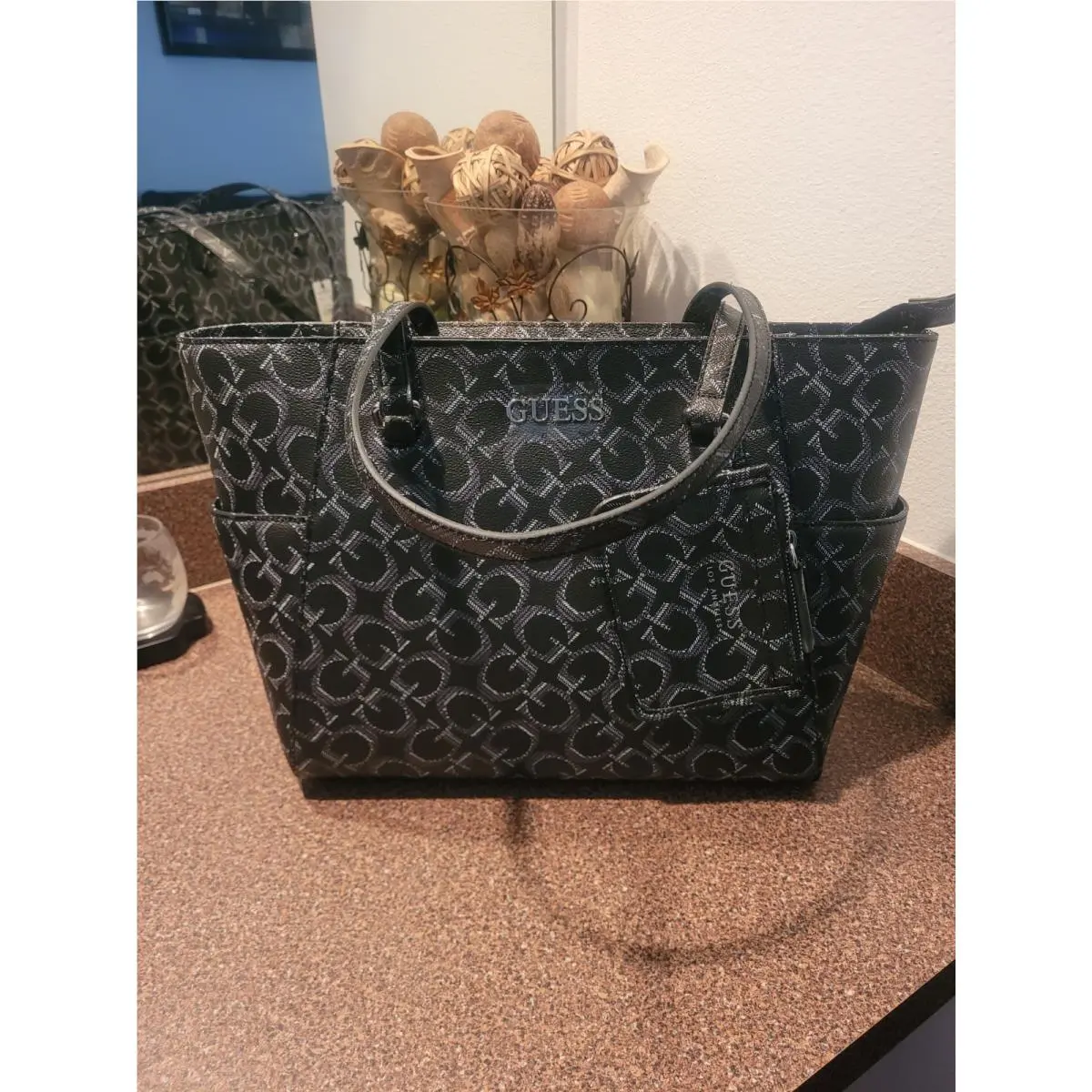 Guess Top Zip Black Logo Tote Bag with Coin Purse