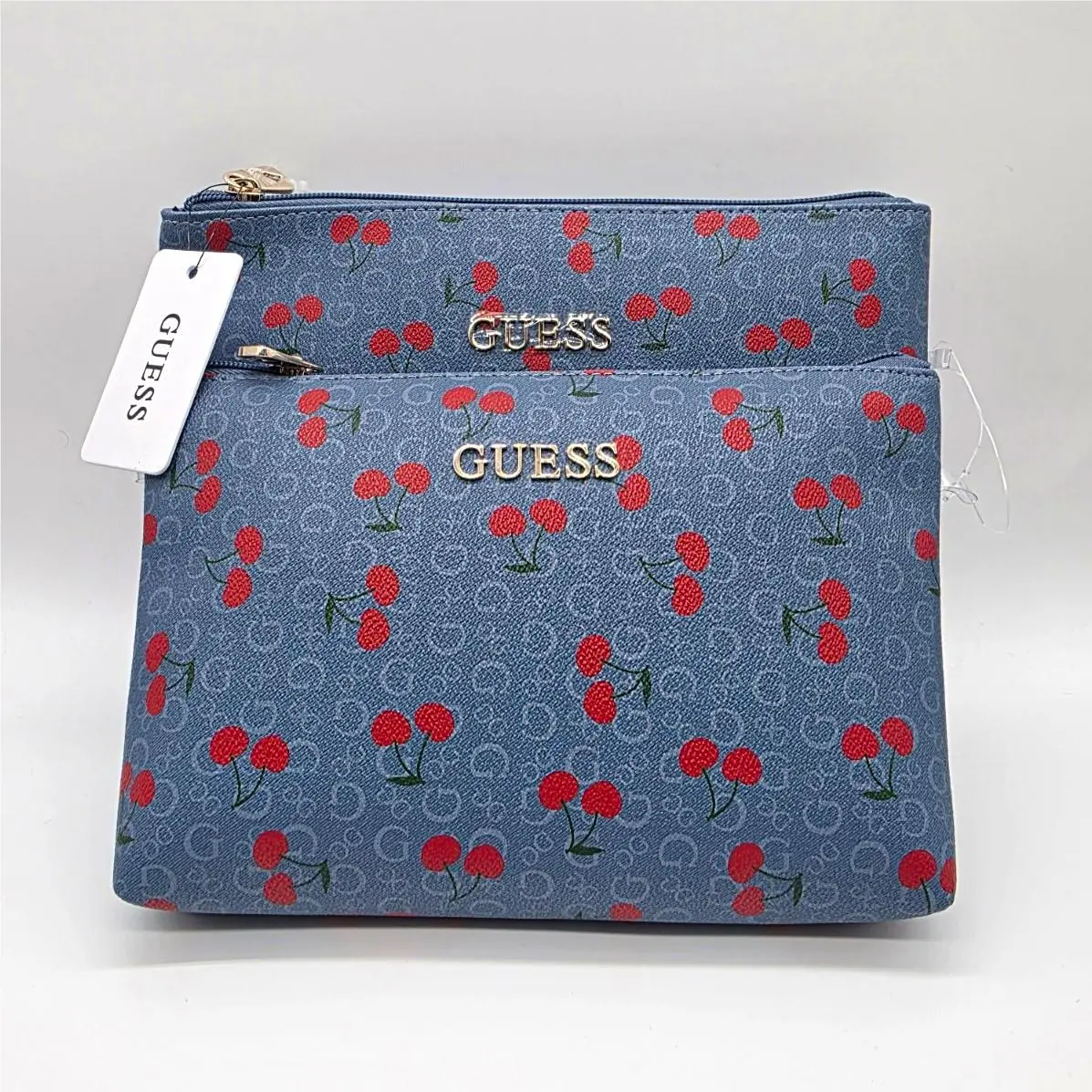 Guess Tana 2-Piece Denim Color Cherry Print Travel Makeup Bag Set Zipper