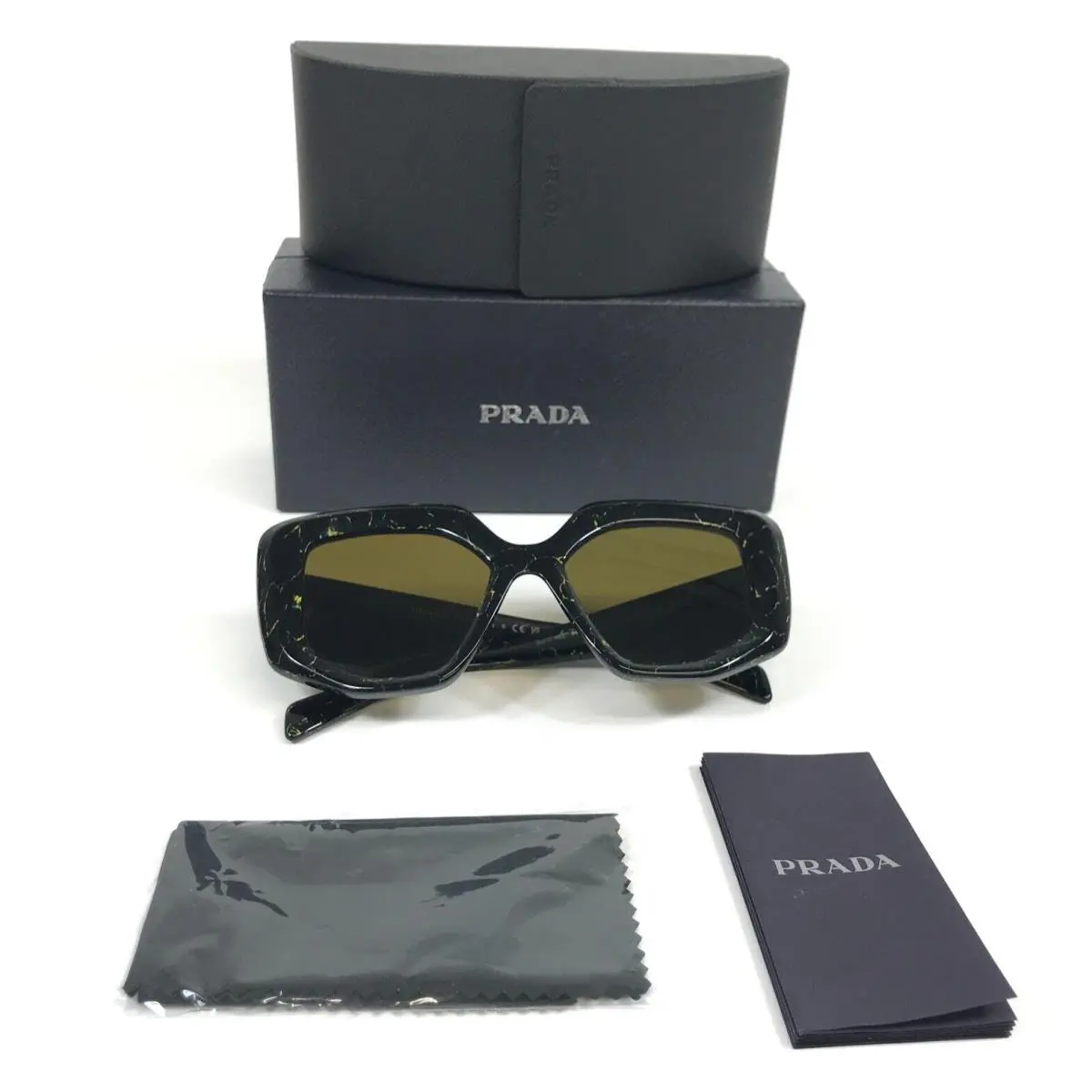 Prada Sunglasses SPR14Z 19D-01T Black Yellow Marble Butterfly Dark Brown Lenses