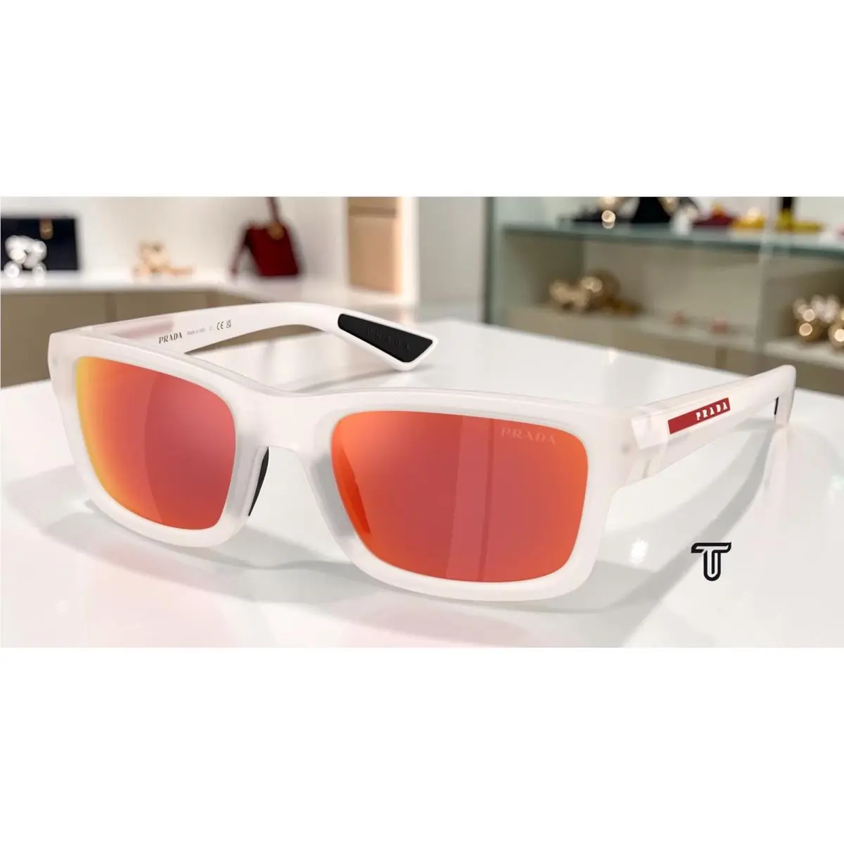 Prada PS B10SF 28M90Z Frosted Crystal Brown Mirror Orange 54 mm Men`s Sunglasses
