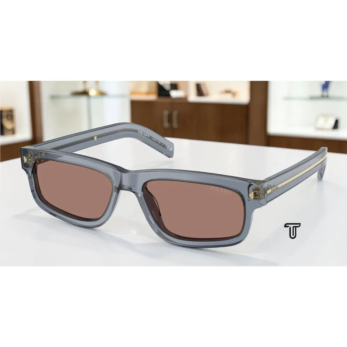 Prada PR B11SF 17T05D Transparent Ocean Brown Mirror Grey 57 mm Men`s Sunglasses