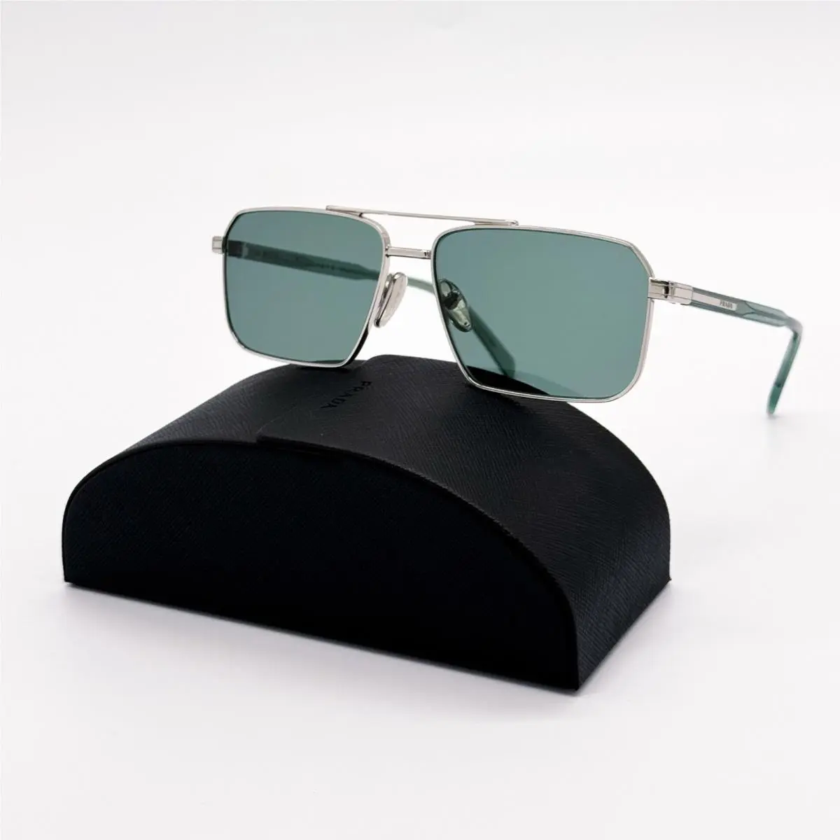 Prada Silver Green Square Unisex Sunglasses PRA57S 1BC10G