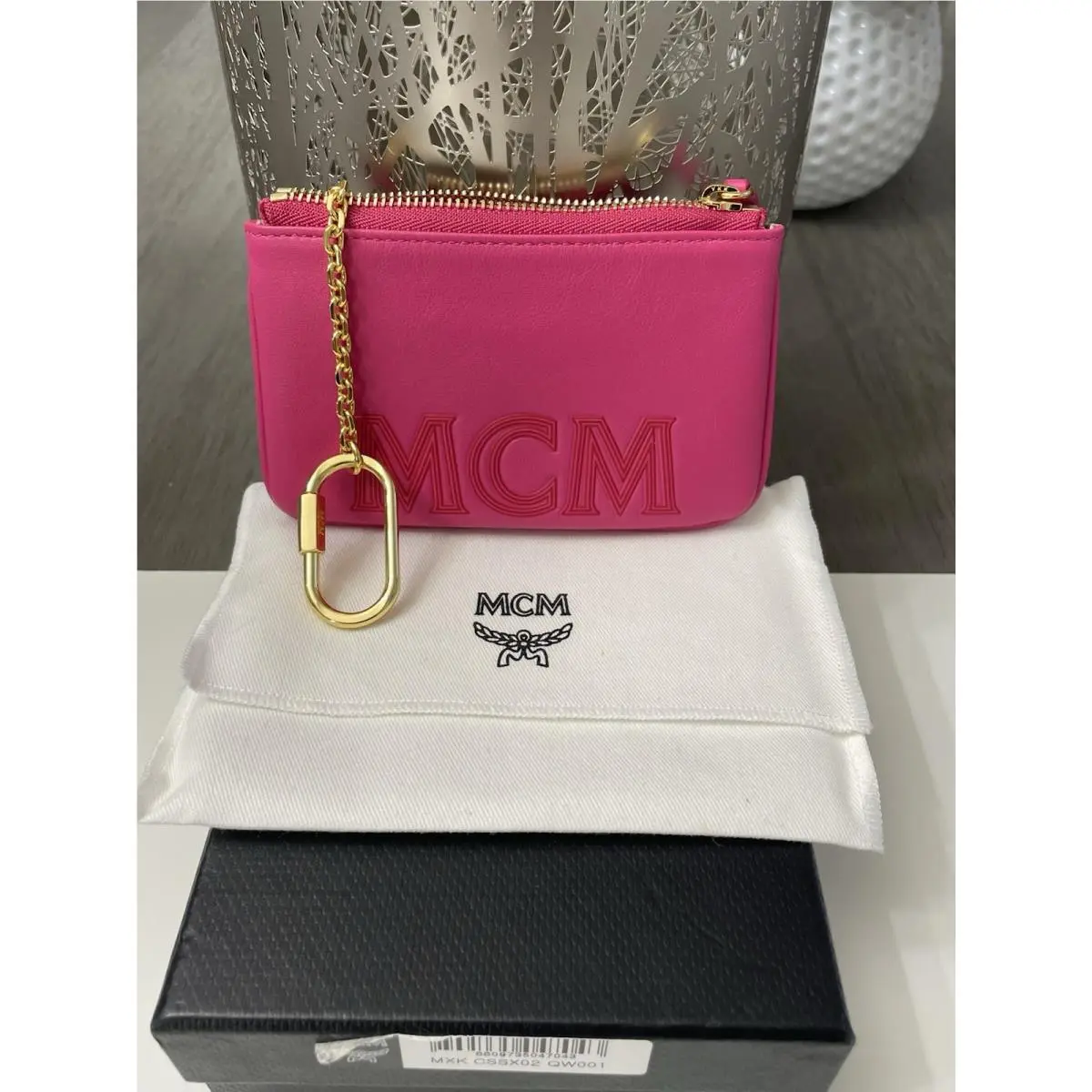 Mcm Hot Pink Leather Zip Pouch Coin Purse Key Pouch Gold Hardware