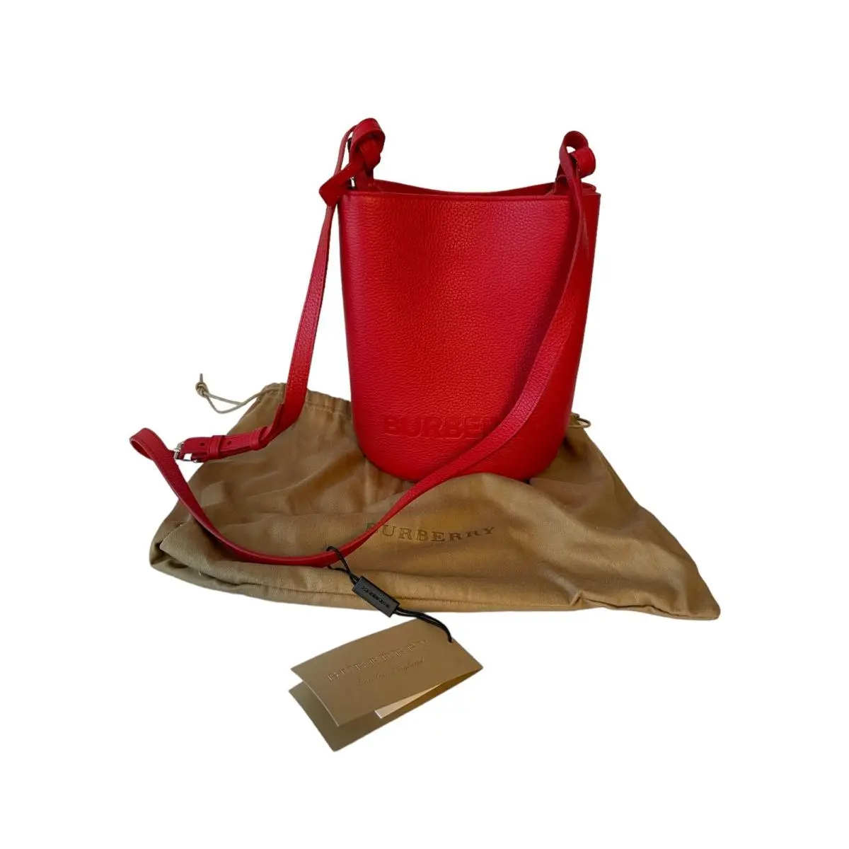 Burberry Lorne Bucket Bag Red Pebbled Leather Crossbody Handbag