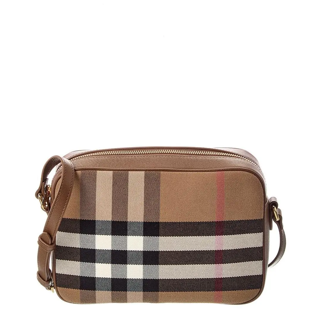 Burberry Check Canvas Leather Shoulder Bag Women`s Brown