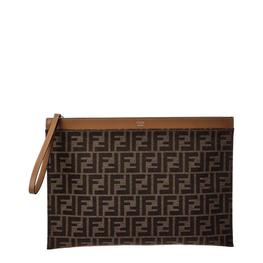 Fendi Leather Canvas Clutch Women`s Brown Os