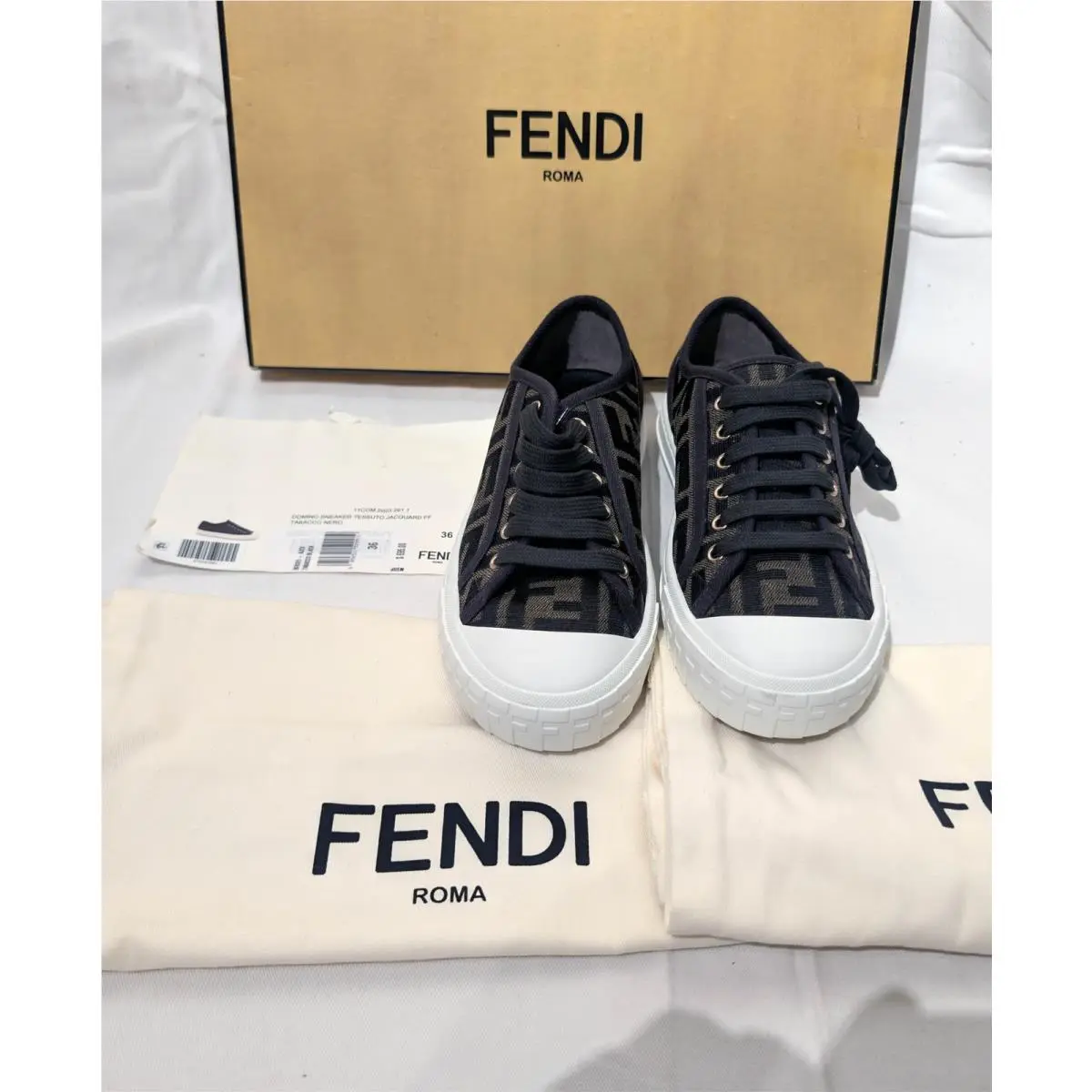 Fendi Domino Low-top Sneakers Tessuto Jacquard FF Size 6 36 W/dust Bags