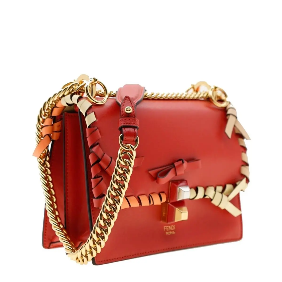 Fendi Chain Crossbody Kan Whipstitch Shoulder Bag Red Leather