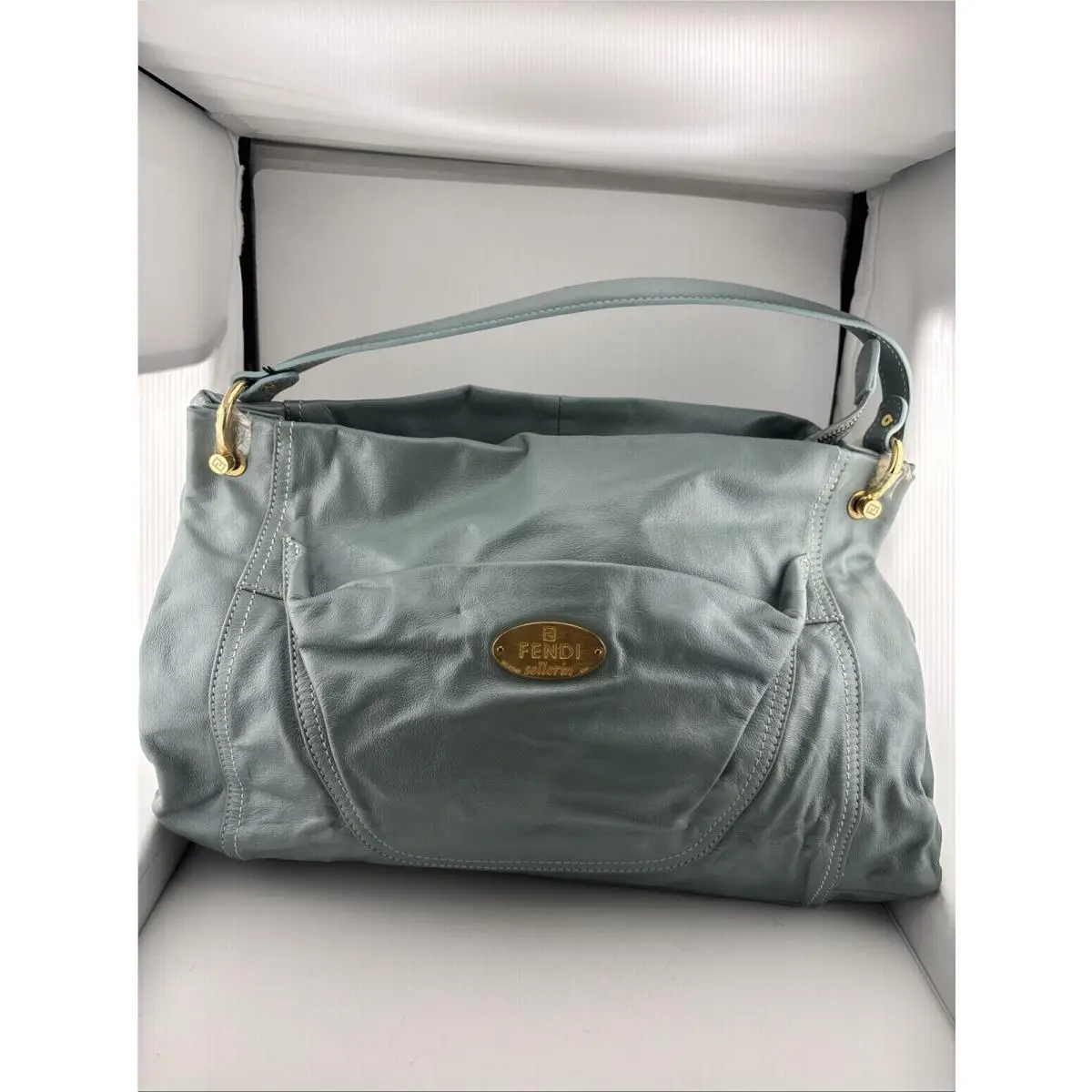 Fendi Selleria Soft Leather Hobo Shoulder Bag Light Blue Made In Italy