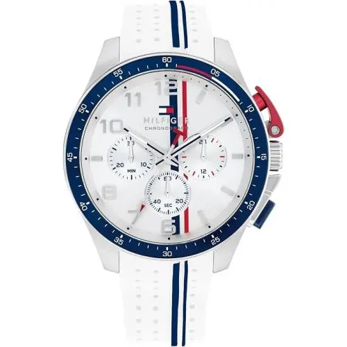 Tommy Hilfiger 1792167 Men`s Silver Case White Band White Dial Chrono Watch 46mm