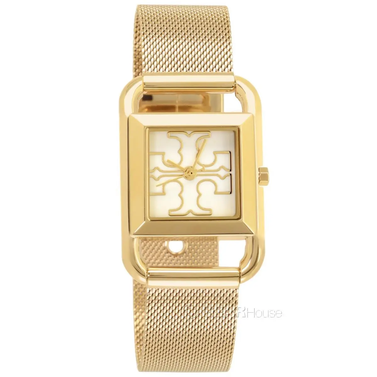 Square Miller Womens Gold Watch White Dial Flat Mesh Steel Strap by Tory Burch