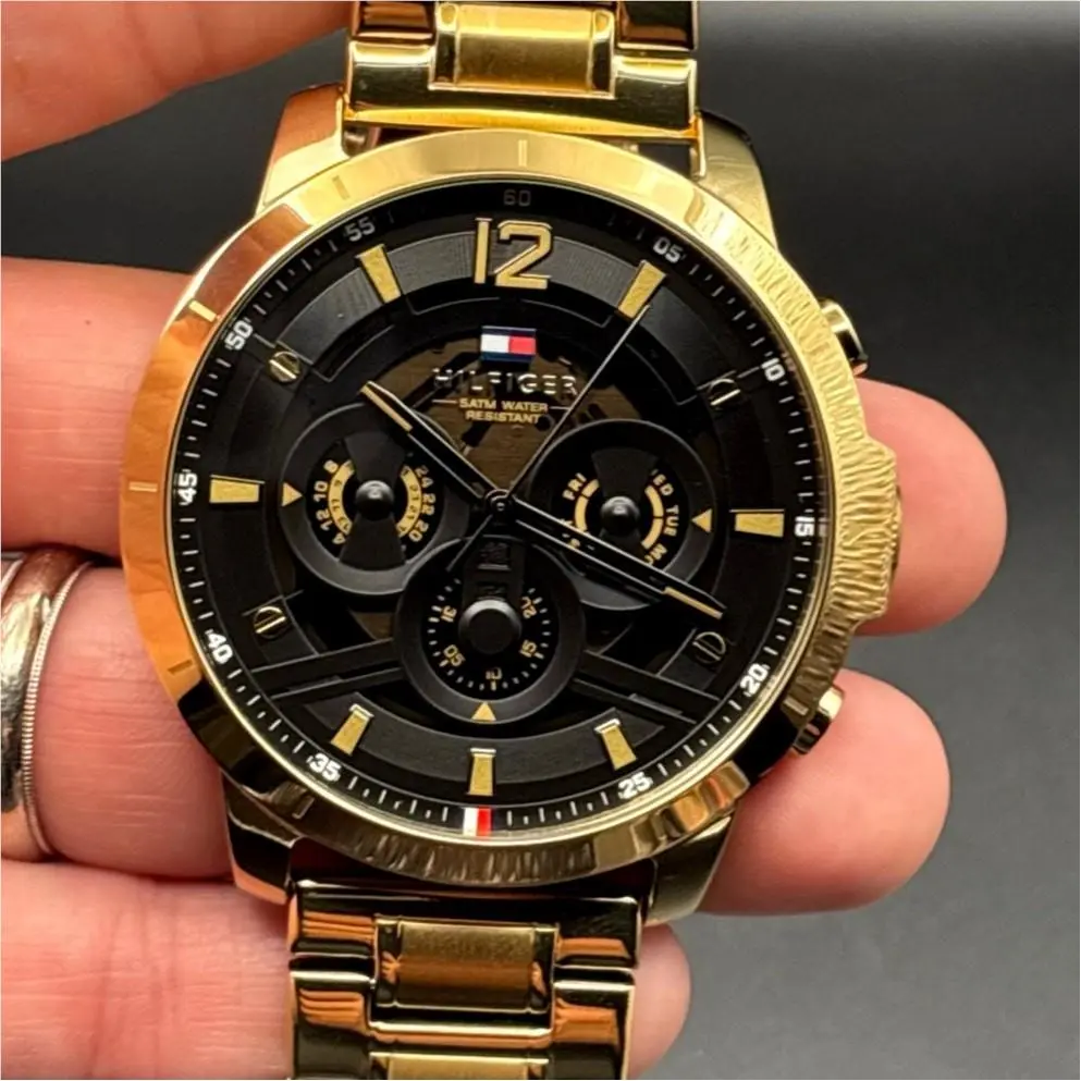 Luca 1710511 Men’s Multifunction Gold Tone Black Dial Watch Nibwt by Tommy Hilfiger